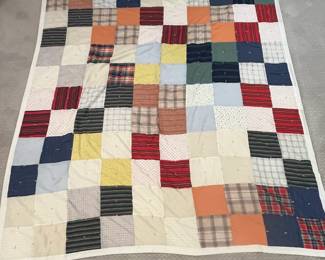 B12 - $30. Vintage Square Patchwork Plaid Quilt. Needs minor repairs. Measures 81" x 83".