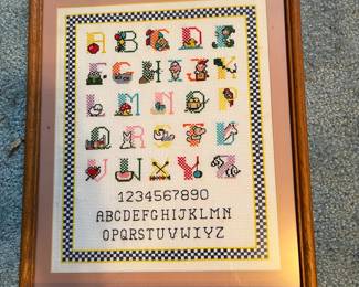G29 - $25. Vintage Framed Cross Stitch Sampler. Measures 12.5" x 15".