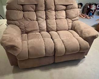 C34 - $225. La-Z-Boy Dual Reclining Microfiber Loveseat. Measures 65" wide x 68" wide fully open (40" deep when closed) x 39" tall. I believe the backs should come off to get it down the stairs but PLEASE HAVE HELP TO MOVE. This is on the **3rd** floor and you must use caution with the walls coming down the stairs. Very gently used and comfy!