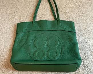 B30 - $70. Rare Green Leather Coach Julia Op Art Tote. Measures 16.5" x 14".