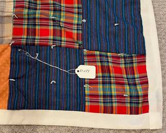 B12 - $30. Vintage Square Patchwork Plaid Quilt. Needs minor repairs. Measures 81" x 83".