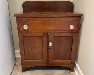 L2 - $75. Antique Wash Stand. Measures 27" wide x 14.5" deep x 33.5" tall. Sturdy and in very good condition. Drawer slides easily.