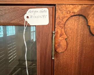 B35 - $125. Antique China Hutch Oak and Glass. Measures 38.5" wide x 15" deep x 59.5" tall.