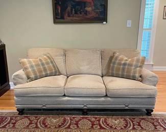 A7 - $175. Sherrill Furniture Upholstered Couch. Very comfortable! Measures 80" long x 40" deep x 35" tall. (NOT stained - just shadows in the photos)