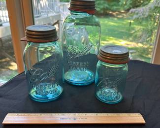 A57 - $25. Set of 3 Blue Ball Mason Jars.