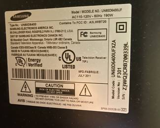A5 - $250. Samsung 60" SmartTV. Model UN60D6400UF. Manufactured July 2011.