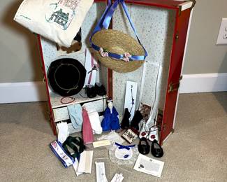 C23 - $450. American Girl Doll Felicity. Includes Christmas Gown & Stomacher, Spring Gown with Pinner Apron & Pompon, Felicity’s Summer Outfit, Cardinal Cloak, Nightgown, Cap & Mules, Work Gown, Riding Habit & Hat, Felicity’s Rose Garden Gown, Fashion Doll along with accessories. Trunk is NOT authentic pleasant company.