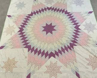 B17 - $85. Vintage "Star of Bethlehem" Quilt. Hand pieced Hand quilted. Measures 83" x 83" (Small stains. See photo)