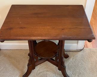 B26 - $150. Antique Eastlake Parlor Table. Measures 28" x 20.5" x 27.75" tall. A little wiggle but overall very good antique condition.