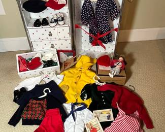 C21 - $550. American Girl Doll Molly McIntire - 1986. Pleasant Company Trunk. Outfits include Robe, Rain Slicker, Evergreen Velvet Dress, School Outfit, Plaid Dress, Striped Pajamas, Camp Outfit. Nurse doll in original box. Other shoes / accessories in drawers.