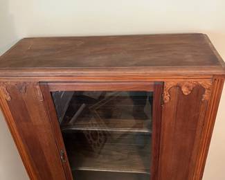 B35 - $125. Antique China Hutch Oak and Glass. Measures 38.5" wide x 15" deep x 59.5" tall.