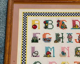 G29 - $25. Vintage Framed Cross Stitch Sampler. Measures 12.5" x 15".