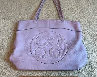 B32 - $70. Rare Lilac Leather Coach Julia Op Art Tote. Measures 16.5" x 14"