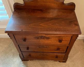 B27 - $125. Antique 3 Drawer Wash Stand. Measures 30.5" wide x 16" deep x 35.5" tall. All drawers slide easily. Minor separation on the left side front - see photo. Not a huge deal unless you're looking for issues.