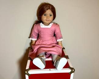 C23 - $450. American Girl Doll Felicity. Includes Christmas Gown & Stomacher, Spring Gown with Pinner Apron & Pompon, Felicity’s Summer Outfit, Cardinal Cloak, Nightgown, Cap & Mules, Work Gown, Riding Habit & Hat, Felicity’s Rose Garden Gown, Fashion Doll along with accessories. Trunk is NOT authentic pleasant company.