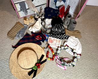 C24 - $400. American Girl Doll Kirsten 1986, Kirstens Doll
Outfits include -
Blue Calico Dress
School Dress & Shawl
Apron Dress & Daisy Wreath
Friendship Quilt & Quilt Kit
Summer Dress & Straw Hat
Red Boots
Winter Skirt & Blouse
Hand-Knit Woolens
Flannel Underwear
Kirsten’s Nightgown
Swedish Dirndl & Kerchief
Spoon bag, spoon, hankie
Trunk is *NOT* authentic Pleasant Company but included!