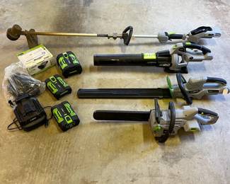 G24 - $250. Lot of EGO Power+ Tools. One battery is new - the others are heavily used and owner says they don't hold a charge like they used to. Chainsaw, Hedge Trimmer, Blower, Weed Eater. 3 Batteries, 2 chargers, 150 w power inverter in Box.