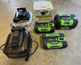 G24 - $250. Lot of EGO Power+ Tools. One battery is new - the others are heavily used and owner says they don't hold a charge like they used to. Chainsaw, Hedge Trimmer, Blower, Weed Eater. 3 Batteries, 2 chargers, 150 w power inverter in Box.