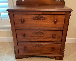 B27 - $125. Antique 3 Drawer Wash Stand. Measures 30.5" wide x 16" deep x 35.5" tall. All drawers slide easily. Minor separation on the left side front - see photo. Not a huge deal unless you're looking for issues.