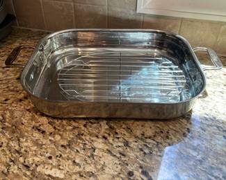 K13 - $40. All-Clad Stainless Roasting Pan (rack not included). 18" long with handles x 12" wide x 2.25" tall.
