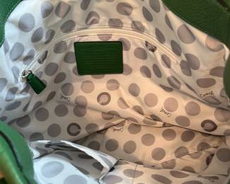 B30 - $70. Rare Green Leather Coach Julia Op Art Tote. Measures 16.5" x 14".
