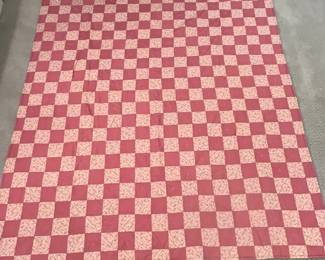 B14 - $40. Vintage Pink and Floral Square Patchwork Quilt. Measures 69" x 78.5".
