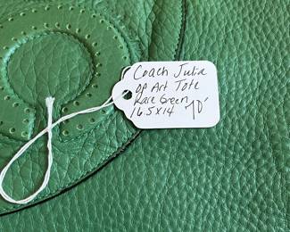 B30 - $70. Rare Green Leather Coach Julia Op Art Tote. Measures 16.5" x 14".