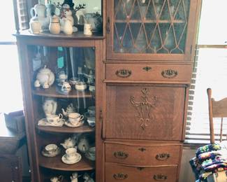 Nice Cabinet with Curved Glass, Etched Glass, Secretary/Butler Desk and Drawers