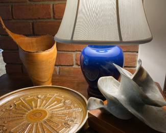 Knud Oland Dutch American Box Elder Bowl Sculpture, Verina Baxter Stone Sculpture, Cobalt Monochrome Lamp, and Jack Mason of Stone Mountain Studio Pottery. 