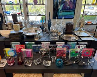 Misc designer items - modern napkin holders, vintage ashtrays, silver trays etc