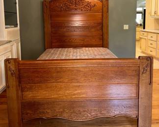 Ornate Oak Bed... High Back Headboard... Oak Armoire