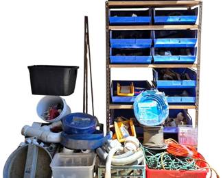 Large Plumbing Electrical Fittings Lot PVC, Metal Along With Shelving and Storage Bins