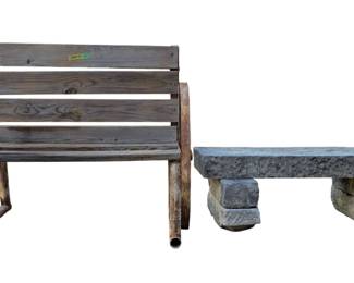 Two Sturdy Benches One Wagon Wheel and One Stone