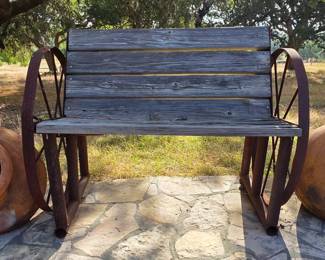 Vintage Wagon Wheel Bench and TerraCotta Pot Set