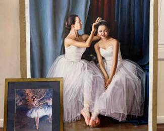 Two Ballerinas by S. Jean Large Oil Painting on Canvas with Additional Framed Dancer