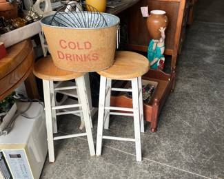 Galvanized Tub "Cold Drinks" - Wood Bar Stools