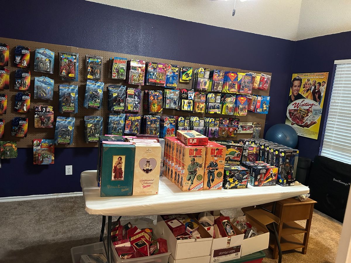 TOYS! Kenner sports figures, hot wheels, Revell racing, matchbox, cars, Star Wars, figurines, Power Rangers, Disney, Star Trek, superheroes, Spider-Man, Marvel, DC, Superman, Batman, Cabbage Patch, Harry Potter, G.I., Joe, McDonald’s, Barbie