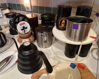 Coffee airtight storage, pour-overs, frother, temp-gauge kettles