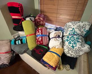 Blankets, beach towels, Aspira kits, crocheted vintage blankets (one in awesome black and red Tech colors!)