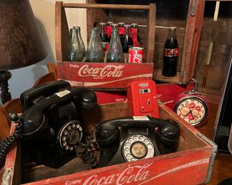 Coca Cola crates, vintage telephones