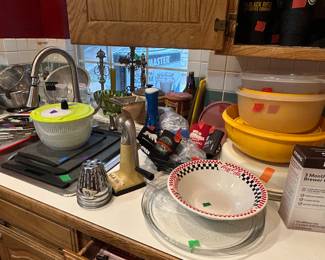 Tupperware, cutting boards, vintage kitchen