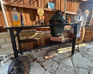 Outdoor prep table, Green Egg smoker, cast iron grill plate