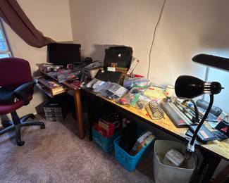 Desk and office: supplies, fire proof document bags, printer, shredders, monitor, speakers