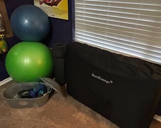 Exercise balls, dumbbells, core balance, yoga mat, new BestMassage table