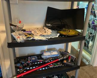 Glasses, Dyson vacuum and attachments, surge protectors 