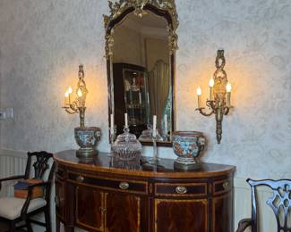 Hickory White Buffet, Electrified Sconces, Rococo Mirror