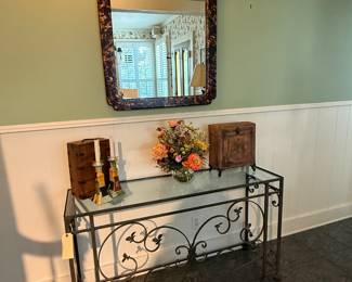 Tortoise over Gold Leaf Mirror, Heavy Wrought Iron console table with glass top