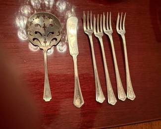 sterling sea food forks, sterling bon bon spoon, sterling spreader