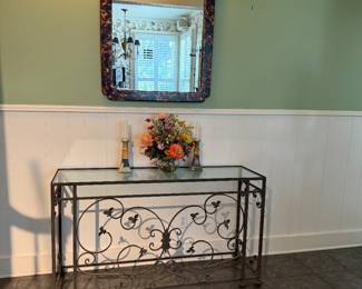 Tortoise over Gold Leaf Mirror, Heavy Wrought Iron console table with glass top