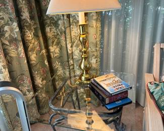 Pair of Glass top tables, Pair of Brass Lamps